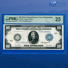 Fr.915c 1914 $10 Dez Dólares Nota da Reserva Federal Philly, PMG MUITO BOM ESTADO 25 #70866 comprar usado  Enviando para Brazil