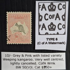 1932 Austrália 10/- Selo canguru cinza e rosa MCCAWMK usado - variedade Weeping Roo, usado comprar usado 1932 Austrália 10/- Selo canguru cinza e rosa MCCAWMK usado - variedade Weeping Roo, usado comprar usado  Enviando para Brazil