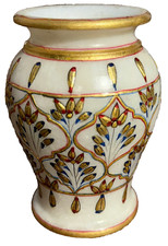 Usado, Vaso de mármore Makrana pintado à mão dourado levantado em relevo folha treliça design comprar usado  Enviando para Brazil
