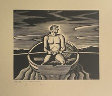 "Rower" Woodblock Print Interpretacja autorstwa E.M. Washingtona na sprzedaż  Wysyłka do Poland
