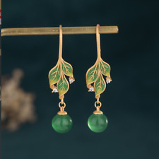 Brincos pendentes de gota de jade verde boho folha de pedra preciosa design retrô gancho ouro 18K  comprar usado  Enviando para Brazil