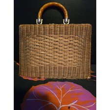 Bolsa estilo pasta de vime tecido vintage alça de bambu falso média comprar usado  Enviando para Brazil