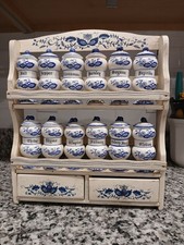Rack de especiarias vintage de cerâmica cebola azul 12 frascos pintados à mão e gaveta de madeira LEIA comprar usado  Enviando para Brazil