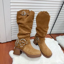 Botas de cowboy American Western femininas panturrilha larga biqueira redonda robusta joelho alto botas comprar usado  Enviando para Brazil