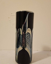 Vaso de penas puxado de vidro iridescente assinado Roland Correia azul/preto estúdio arte comprar usado  Enviando para Brazil