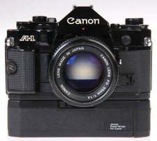 Usado, Corpo da câmera Canon A-1 SLR preto com lente 50mm f1.4 FD e enrolador Jessop Power C-1TR comprar usado  Enviando para Brazil