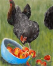 Pintura a óleo ACEO ATC assinada galo galinhas animais de fazenda assinado comprar usado  Enviando para Brazil