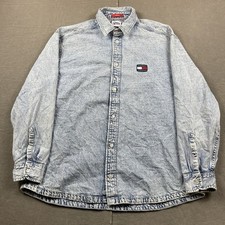Camisa jeans masculina vintage Tommy Hilfiger XL azul com botões Tommy Jeans soletrar  comprar usado  Enviando para Brazil