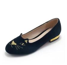 Usado, Mocassim Feminino Bordado Gatinho Gato Veludo Sapatos Charlotte Preto e Dourado Novo comprar usado  Enviando para Brazil