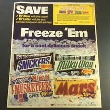 Vintage 1983 Milky-Way, Snickers, Marte & 3 Mosqueteiros Barras De Chocolate print Cupom Ad comprar usado  Enviando para Brazil