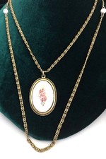 COLAR Vintage GOLDETTE Tom Dourado Esmalte Guilhochê Rosa Flor Rosa Corrente Longa comprar usado  Enviando para Brazil
