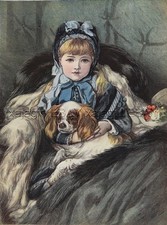 Dog Cavalier King Charles Spaniel Blenheim & Girl grande 1880 impressão colorida antiga, usado comprar usado  Enviando para Brazil