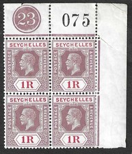 SEYCHELLES - 1921 KGV 3c VERDE - PLACA DE CANTO 10 BLOCOS de 4 comprar usado  Enviando para Brazil