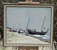 Usado, Cena marinha costeira com pescador e barcos, pintura a óleo sobre tela, Alemanha comprar usado  Enviando para Brazil