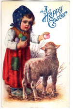 ANTIGO CARTÃO POSTAL DE PÁSCOA EM RELEVO MENINA SEGURANDO OVOS, BOLSA, CORDEIRO comprar usado  Enviando para Brazil