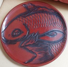 Prato lacado japonês antigo colecionável. Prato de sushi Koi de peixe esculpido em madeira. comprar usado  Enviando para Brazil