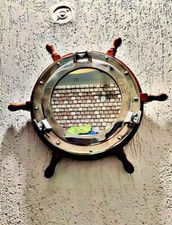 Roda de navio feita à mão de madeira 18" com espelho de vigia de alumínio 15" decoração náutica comprar usado  Enviando para Brazil