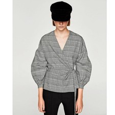 Blusa Zara Feminina Cinza Houndstooth Xadrez Manga 3/4 Decote V Envoltório Tamanho G  comprar usado  Enviando para Brazil