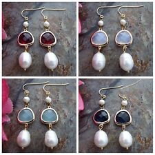 Pendientes de gancho enchapados en oro de vidrio de perlas de arroz blanco de 10x13 mm segunda mano  Embacar hacia Mexico