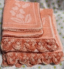 Antigo Conjunto de Toalhas de Canhão Mão de Banho 2 Toalhas Laranja Pêssego Borda de Crochê Novo, usado comprar usado  Enviando para Brazil
