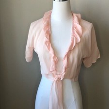 Jaqueta bolero vintage rosa pastel seda chiffon babado frente amarrar M comprar usado  Enviando para Brazil