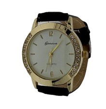 Relógio feminino Geneva dourado com moldura de joias e preto, pulseira de couro comprar usado  Enviando para Brazil