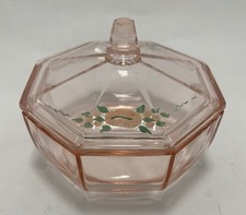 Frasco de pó vintage rosa depressão vidro vaidade octógono com tampa flores pintadas , usado comprar usado  Enviando para Brazil