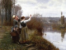 Pintura a óleo Daniel Ridgway Knight Hailing the Ferry jovens mulheres por rio e barco comprar usado  Enviando para Brazil