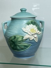 Usado, Jarro de biscoito vintage ROSEVILLE CERÂMICA AZUL LÍRIO DE ÁGUA COM TAMPA 1-8" PERFEITO ESTADO! comprar usado  Enviando para Brazil