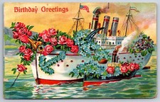 Saudações de aniversário~Navio de flores~Âncora de flores~Pequeno barco ao lado~Emb~c1910 comprar usado  Enviando para Brazil