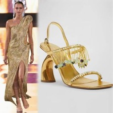 Sandálias femininas de couro ecológico dourado biqueira aberta 8,5 cm salto miçangas sapatos fivela sapatos comprar usado  Enviando para Brazil