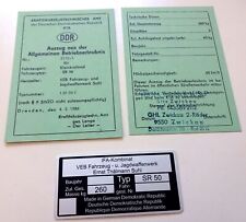 Używany, Simson SR 50 Karta charakterystyki Homologacja typu Abe i tabliczka znamionowa na sprzedaż Używany, Simson SR 50 Karta charakterystyki Homologacja typu Abe i tabliczka znamionowa na sprzedaż  Wysyłka do Poland