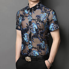 Homens Malha Transparente Floral, Camisa Manga Curta Com Gola Blusa Tops Slim Fit Festa comprar usado  Enviando para Brazil
