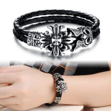 Pulseira transversal de couro preto trançado aço inoxidável flor de lis comprar usado  Enviando para Brazil