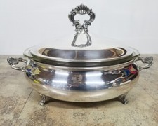 Antigo WM Rogers Silverplate Servidor Buffet Redondo com Pé com Prato de Vidro Pyrex 3 Qt comprar usado  Enviando para Brazil