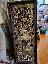 FANTÁSTICO PAINEL OU PLACA DE MADEIRA DOURADA CHINESA ESCULPIDA ANTIGA 39X16 comprar usado  Enviando para Brazil