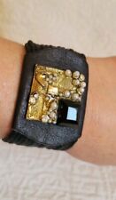 Bracelete de couro preto vintage e acorde largo robusto pérolas de metal strass, usado comprar usado  Enviando para Brazil