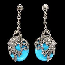 925 Argent Sterling Boucles Ovale Turquoise Stabilisé 24x19m Marcassite Gemme, usado comprar usado  Enviando para Brazil
