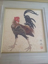 ASSINADO VINTAGE AQUARELA CHINESA DE UM GALO com DESTAQUES DE FOLHA DE OURO 26x23cm comprar usado  Enviando para Brazil