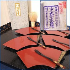 Conjunto de 5 pratos de bolo de madeira laca japonesa em forma de ventilador Meimeizara com garfos comprar usado  Enviando para Brazil