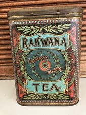 Grande Vintage Litografado Rakwana Tampa Dobradiçada de Lata de Chá Ótimos Gráficos 9” de Altura comprar usado  Enviando para Brazil