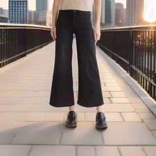 Jeans feminino Le Palazzo cintura alta perna larga preto algodão tamanho 29 × 28 comprar usado  Enviando para Brazil