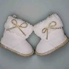 Botas de bebê Isaac Mizrahi designer de luxo pele sintética branca etiqueta de laço/salto dourado tamanho 1 comprar usado  Enviando para Brazil