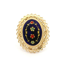 Anel de jantar vintage ouro amarelo 14k vidro azul pintado à mão floral trabalho aberto comprar usado  Enviando para Brazil