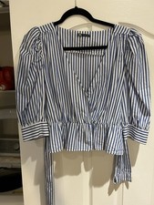 Blusa de popeline Zara feminina listrada gola V azul/branco, tamanho G comprar usado  Enviando para Brazil