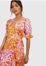 Vestido Midi Boohoo Porcelana Manga Curta Envoltório Frill Laranja Rosa Tamanho 14 comprar usado Vestido Midi Boohoo Porcelana Manga Curta Envoltório Frill Laranja Rosa Tamanho 14 comprar usado  Enviando para Brazil