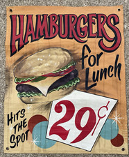 HAMBÚRGUERES VINTAGE PARA ALMOÇO 29¢ Placa de Banner de Lona Hits the Spot PINTADA À MÃO comprar usado  Enviando para Brazil