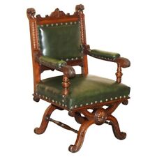 POLTRONA TRONO DE COURO VERDE ESCULPIDA À MÃO INGLESA REQUINTADA IMPORTANTE POR VOLTA DE 1880 comprar usado  Enviando para Brazil