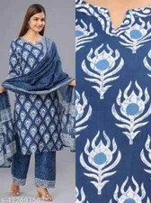 Conjunto Kurta Feminino de Algodão Indiano com Dupatta | Terno Étnico Impresso em Bloco de Mão | comprar usado  Enviando para Brazil