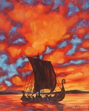 LINDA PINTURA ORIGINAL VIKING LONGSHIP VIKINGS NÓRDICA LONGBOAT PÔR DO SOL ARTE comprar usado  Enviando para Brazil